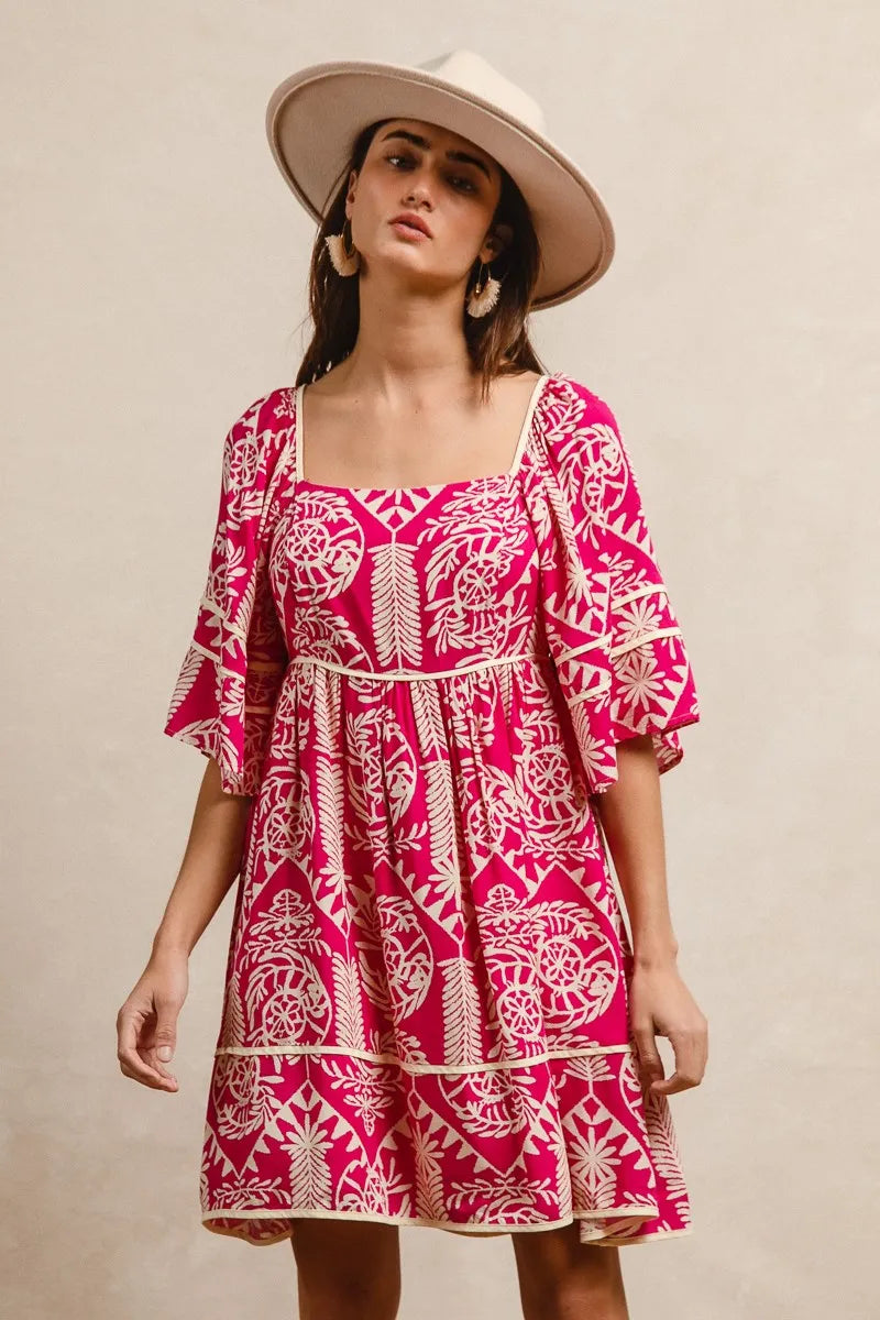 Woven Printed Contrast Binding Dress THE ROYAL BOUTIQUE