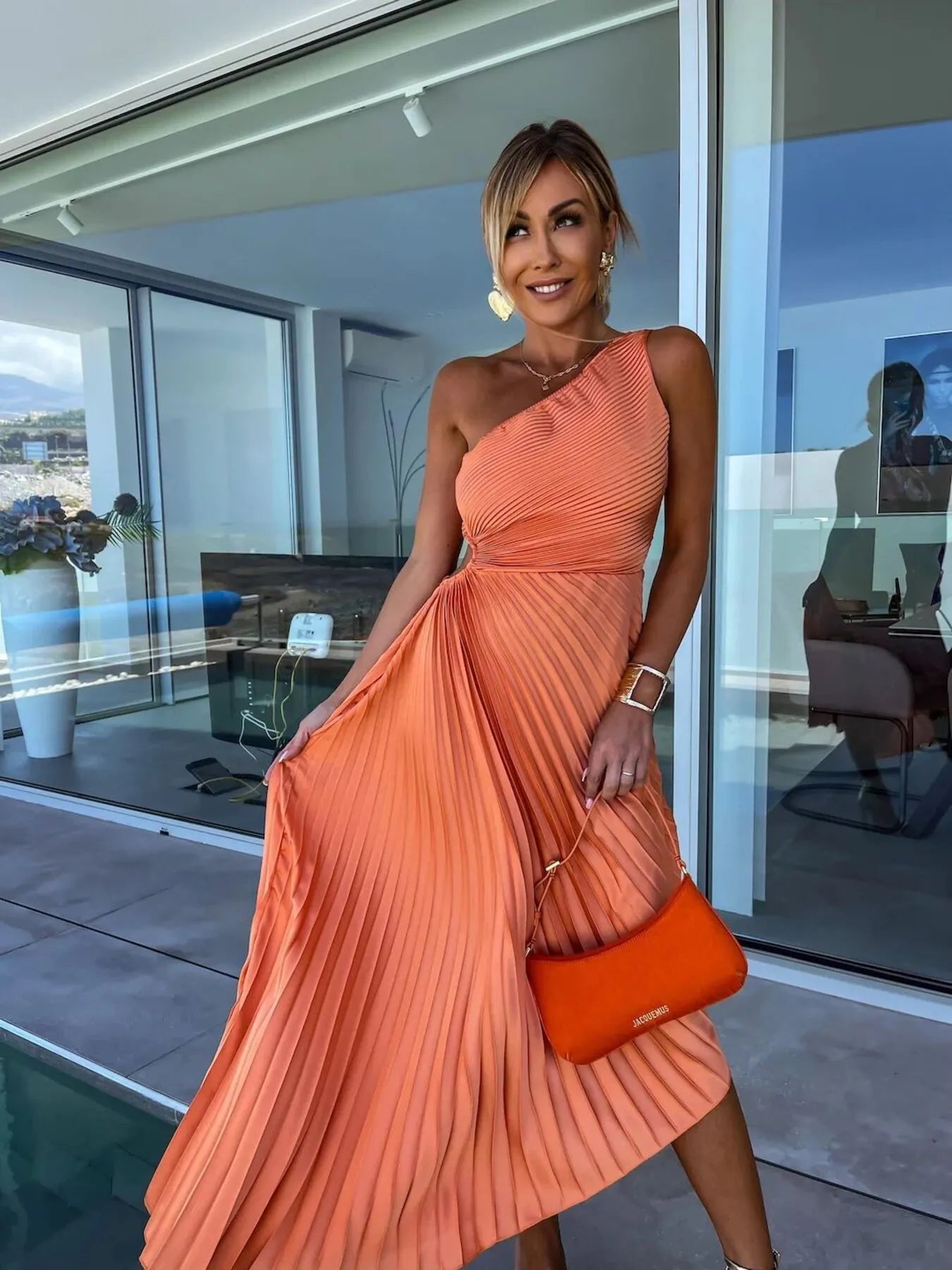 Full Size Single Shoulder Pleated Midi Dress Plus Size.