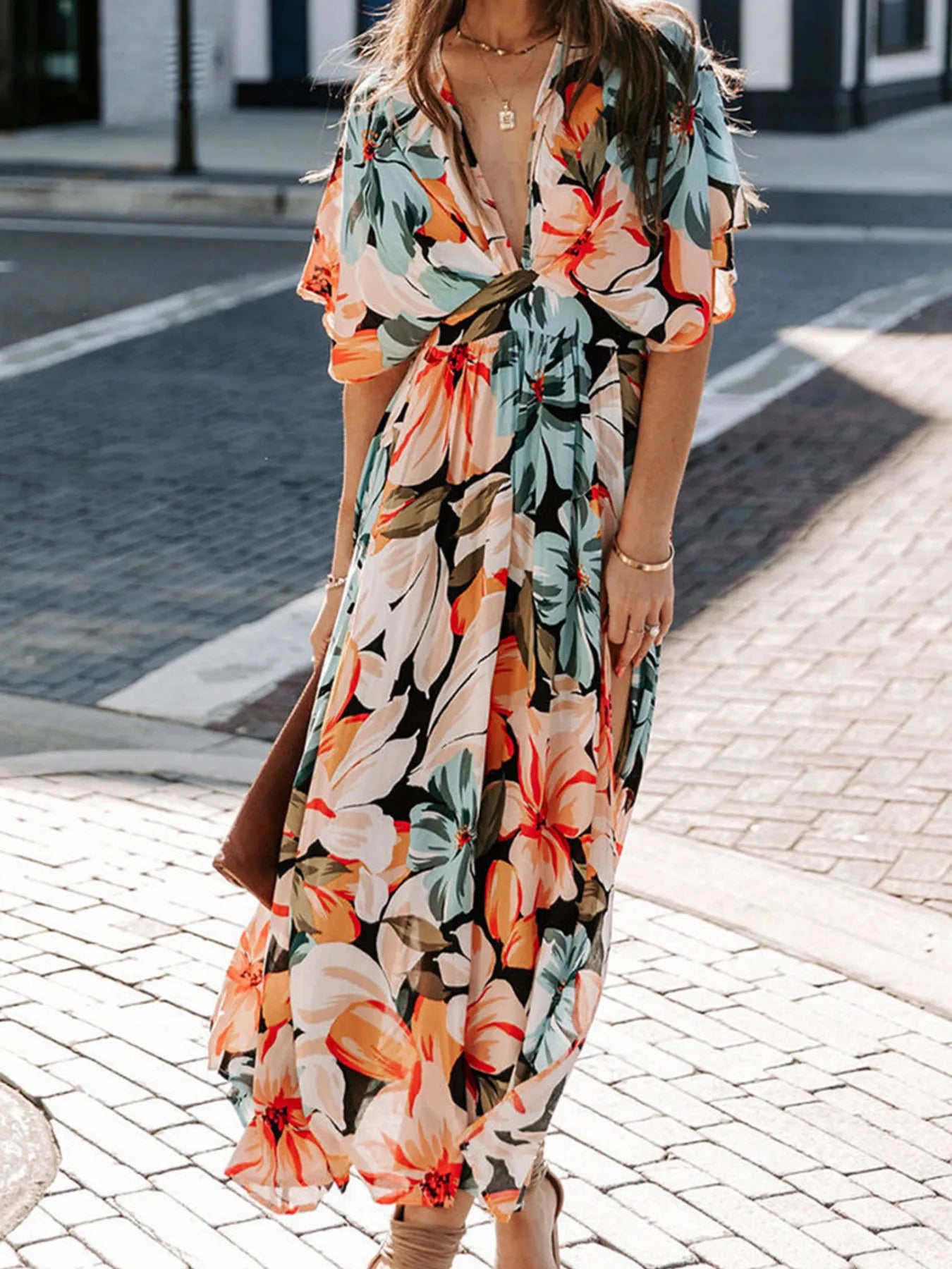 Floral Deep V-Neck Flutter Sleeves Dress.