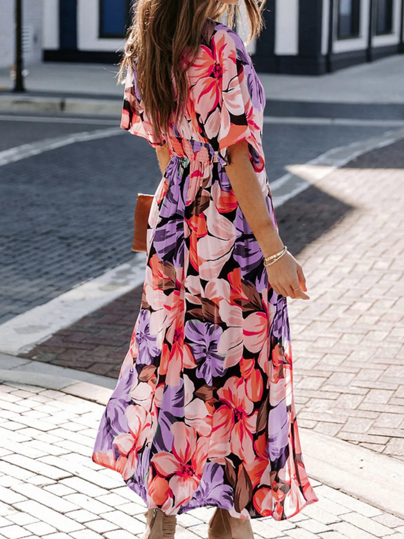 Floral Deep V-Neck Flutter Sleeves Dress.