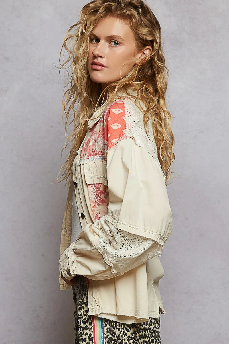 POL Printed Woven Mix Raw Hem Jacket with Lace Detail.