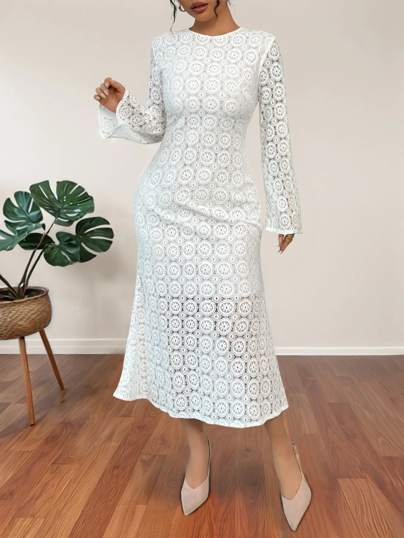 Lace Long Sleeve Midi Dress.