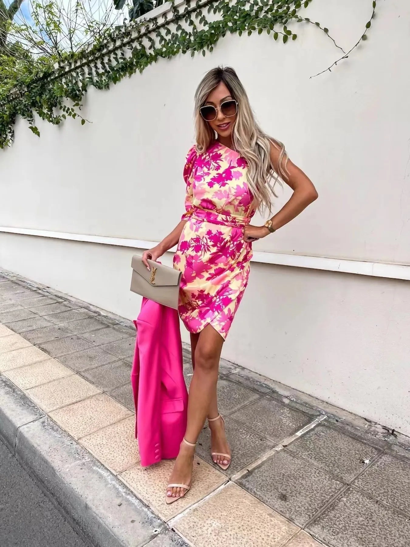 Printed One Shoulder Mini Dress.