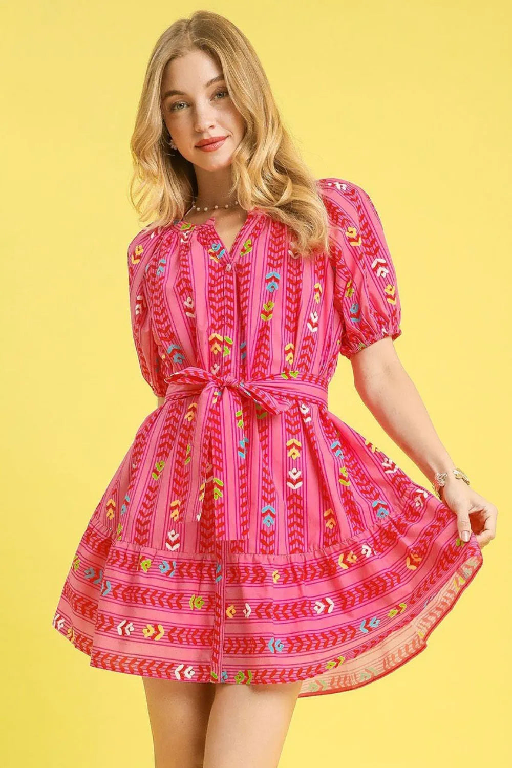 Umgee Printed Tie Waist Puff Short Sleeve Mini Dress.