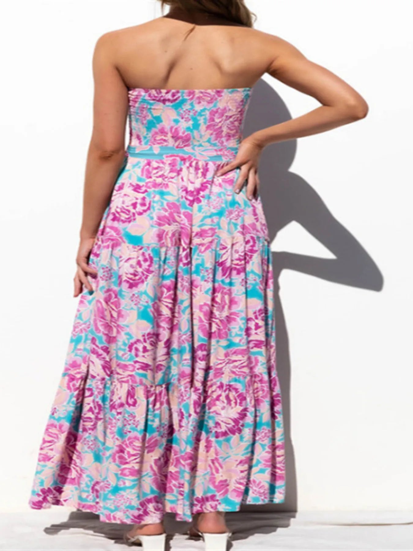 Floral Strapless Tiered Maxi Dress with Tie Belt.