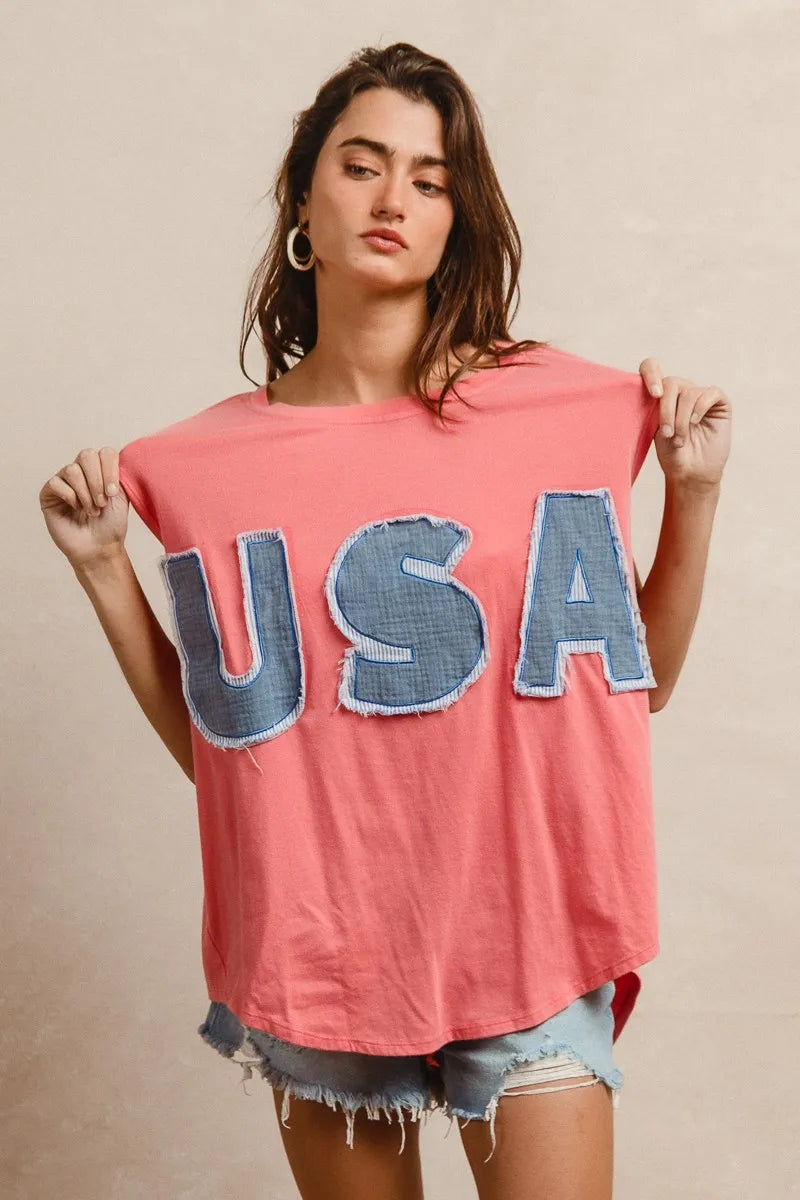 BiBi Washed Jersey With Usa Patched Raw Cut Edge Detail Trendsi
