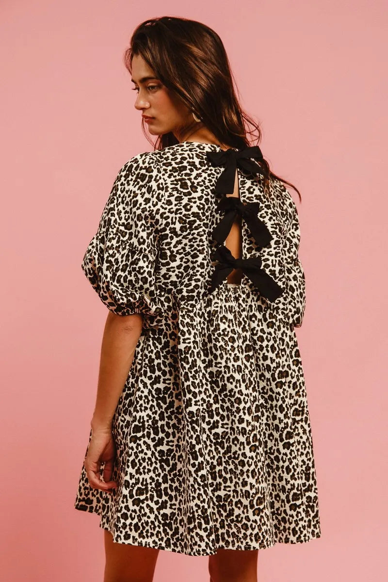 BiBi Leopard Denim Dress With Back Contrast Tie Detail Trendsi