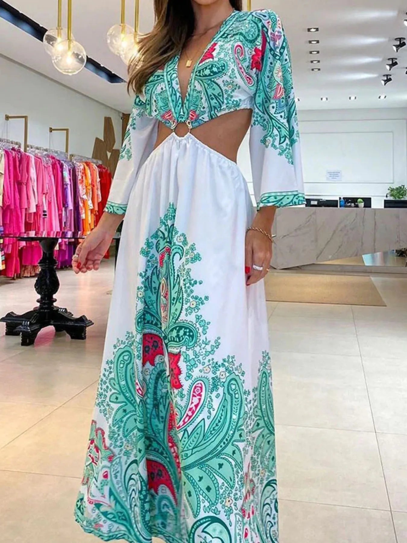 Paisley Print Cut-Out Maxi Dress.