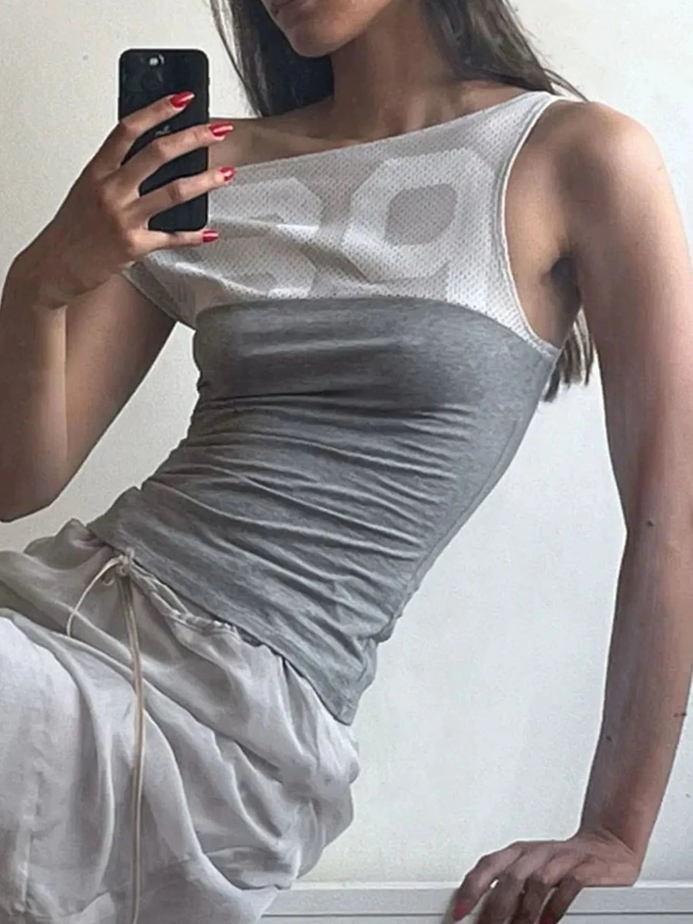 Asymmetric One-Shoulder Mesh Panel T-Shirt.