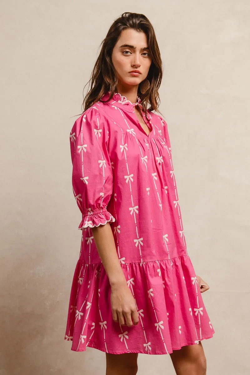 BiBi Ribbon Patterns With Scallops Edge Details Short Sleeve Dress Trendsi
