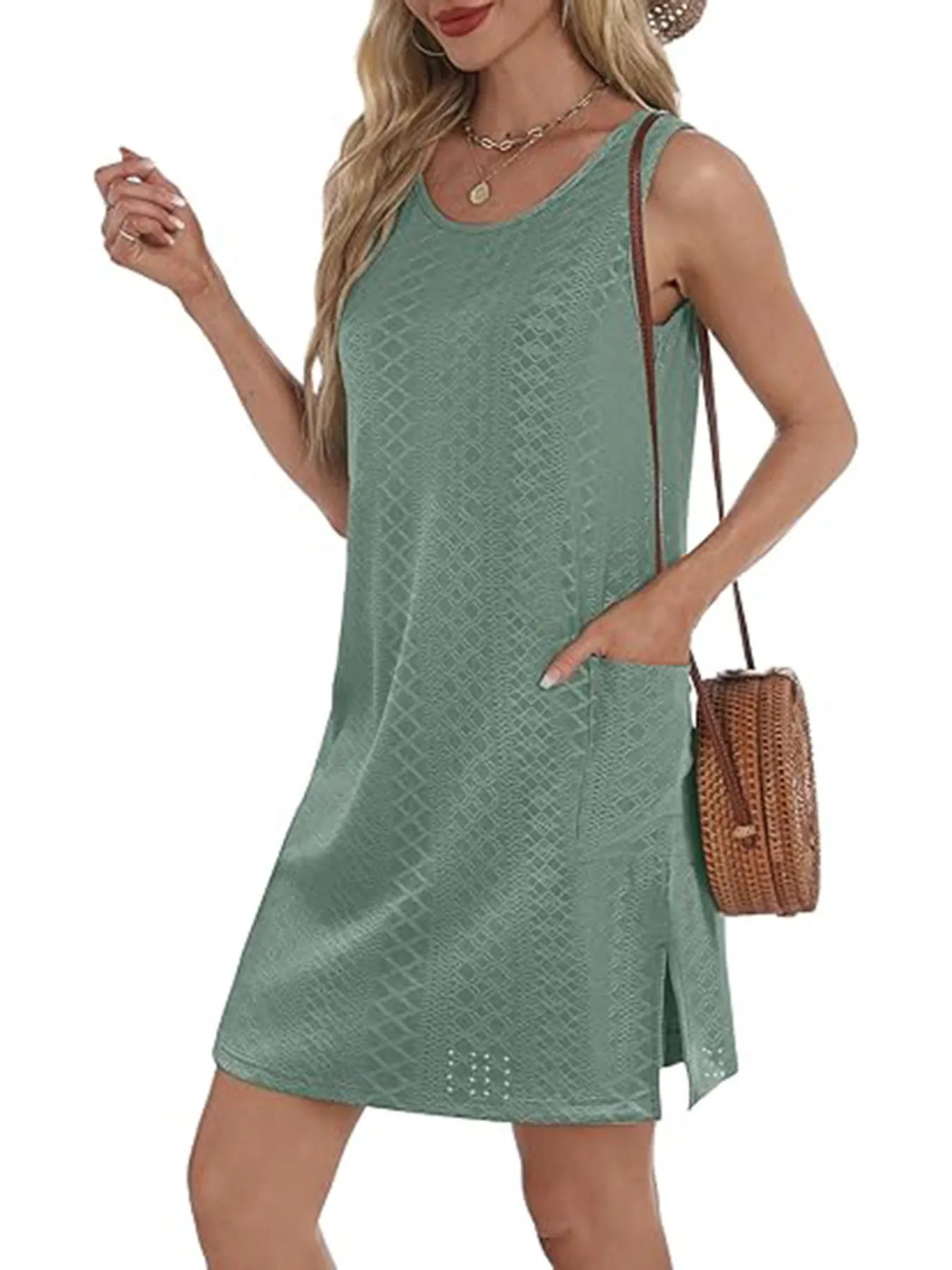 Side Slit Sleeveless Mini Tank Dress.