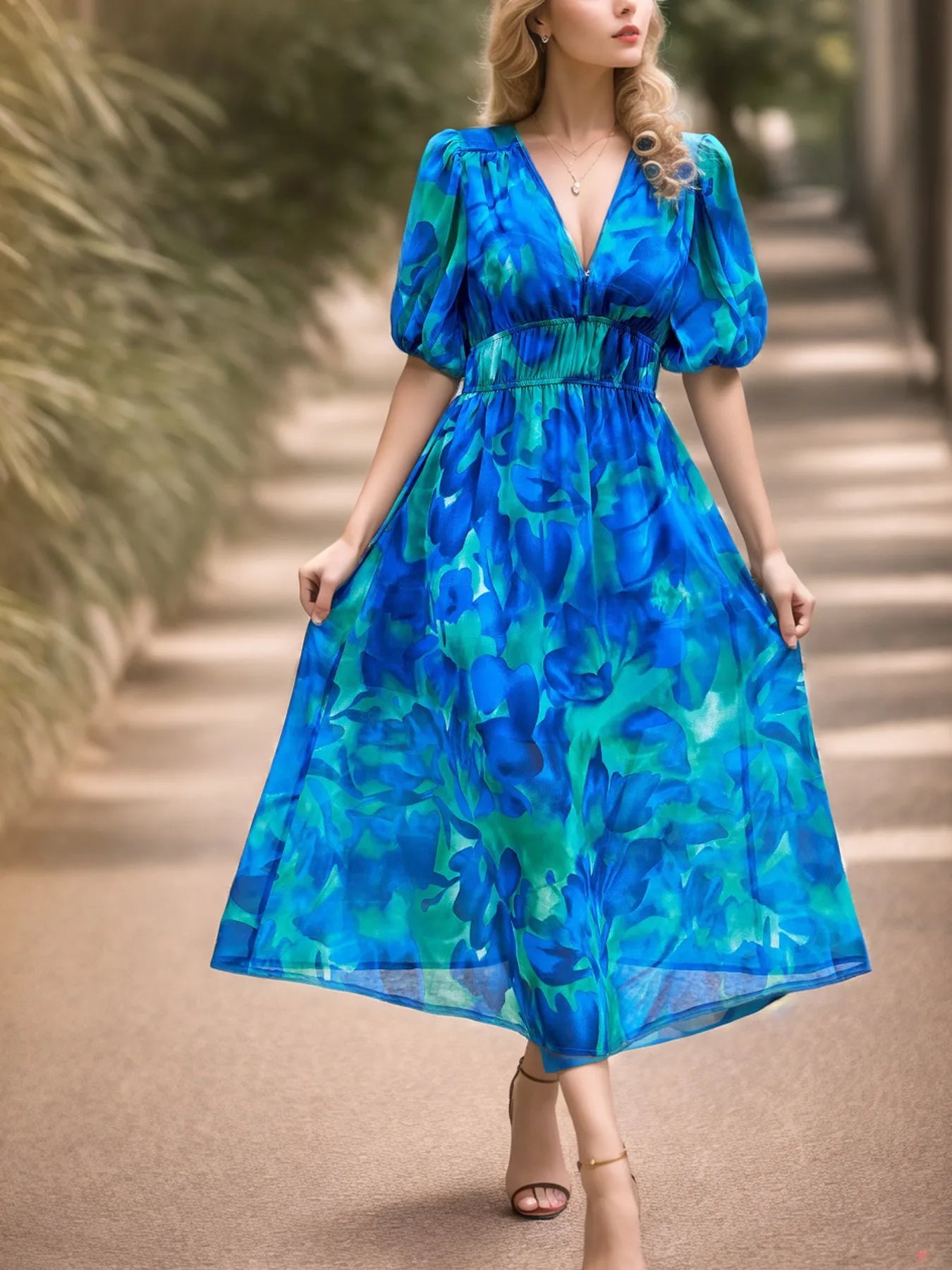 Printed Surplice Puff Sleeve Dress.