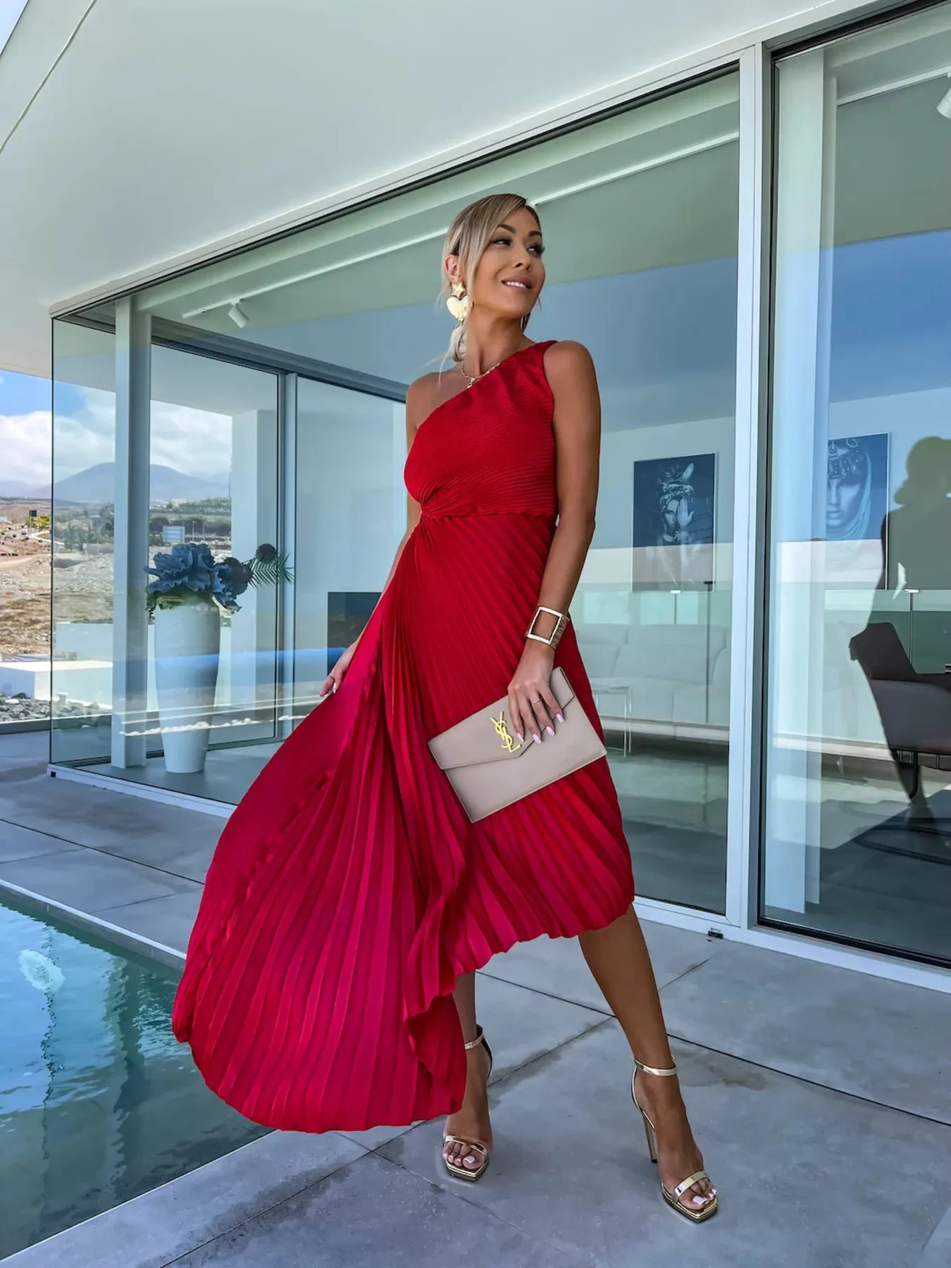 Full Size Single Shoulder Pleated Midi Dress Plus Size.