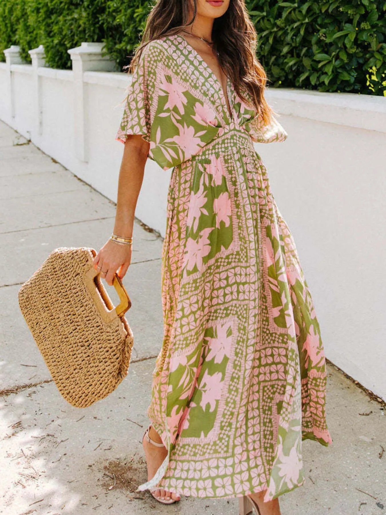 Floral Deep V-Neck Flutter Sleeves Dress.