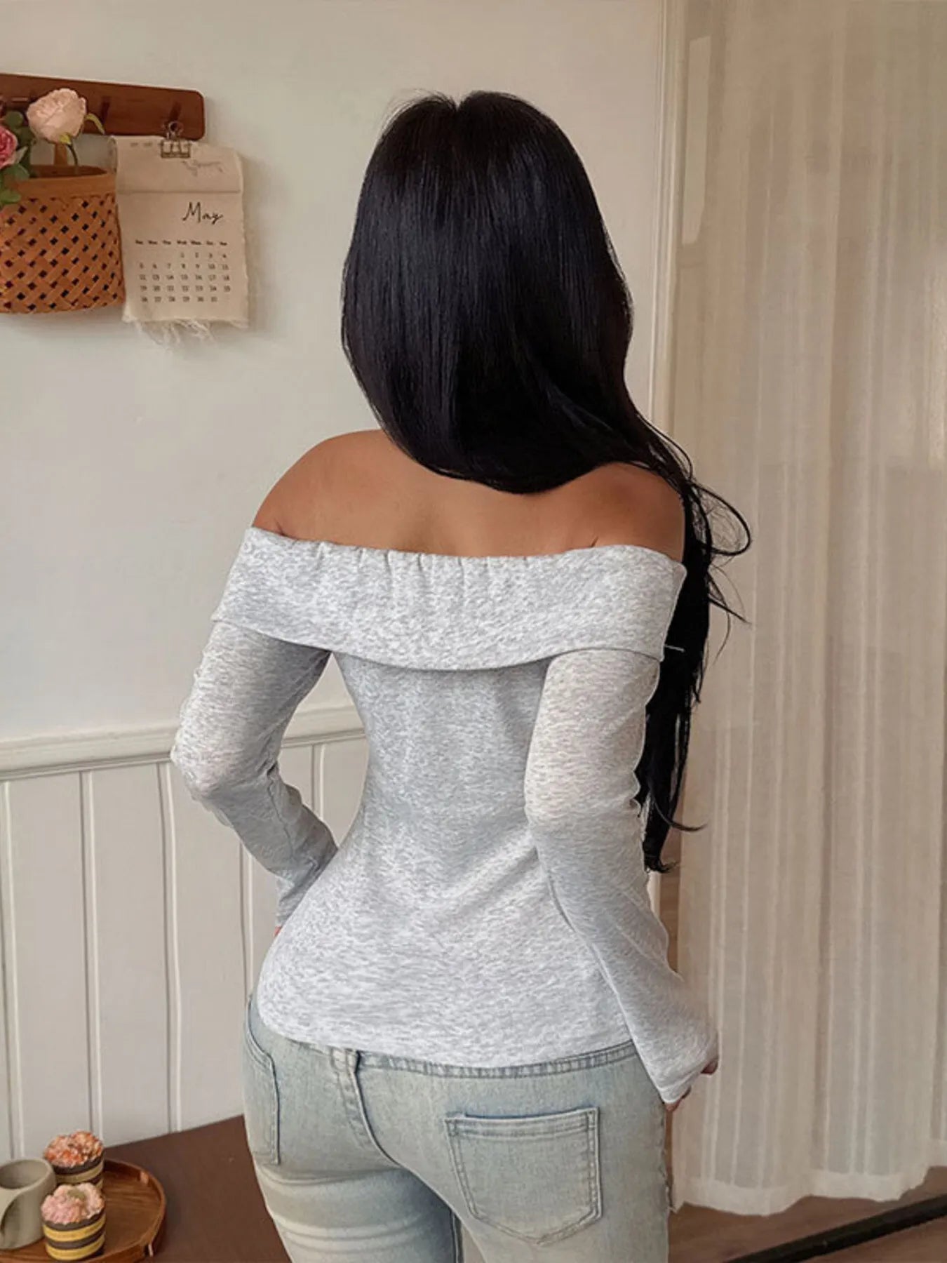 Off-Shoulder Long Sleeve Fitted T-Shirt.