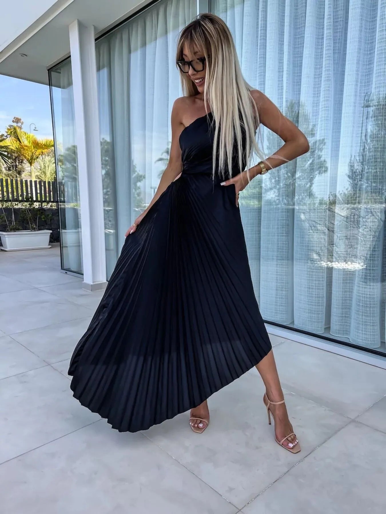 Full Size Single Shoulder Pleated Midi Dress Plus Size.