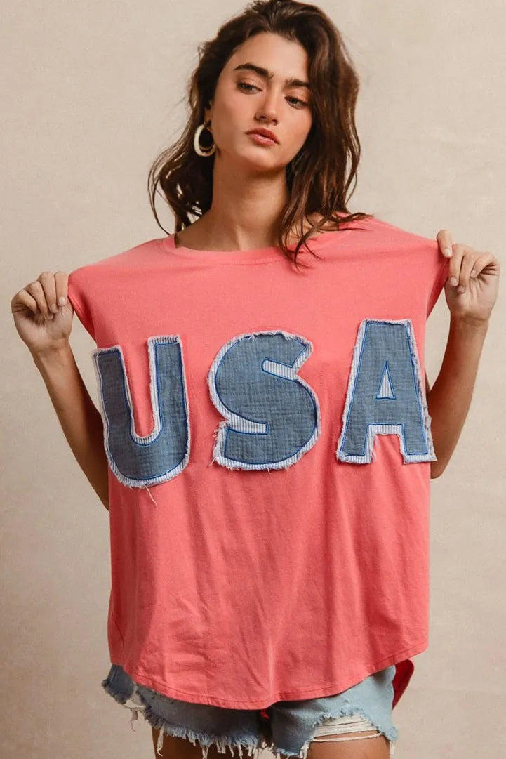 BiBi Washed Jersey With Usa Patched Raw Cut Edge Detail Trendsi