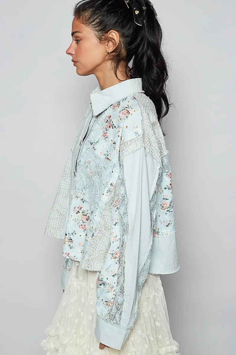 POL Floral Long Sleeve Shirt with Lace Panel Details.