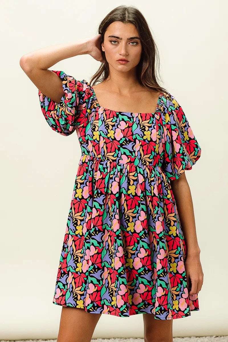 BiBi Floral Print Puff Square Neck Dress Trendsi