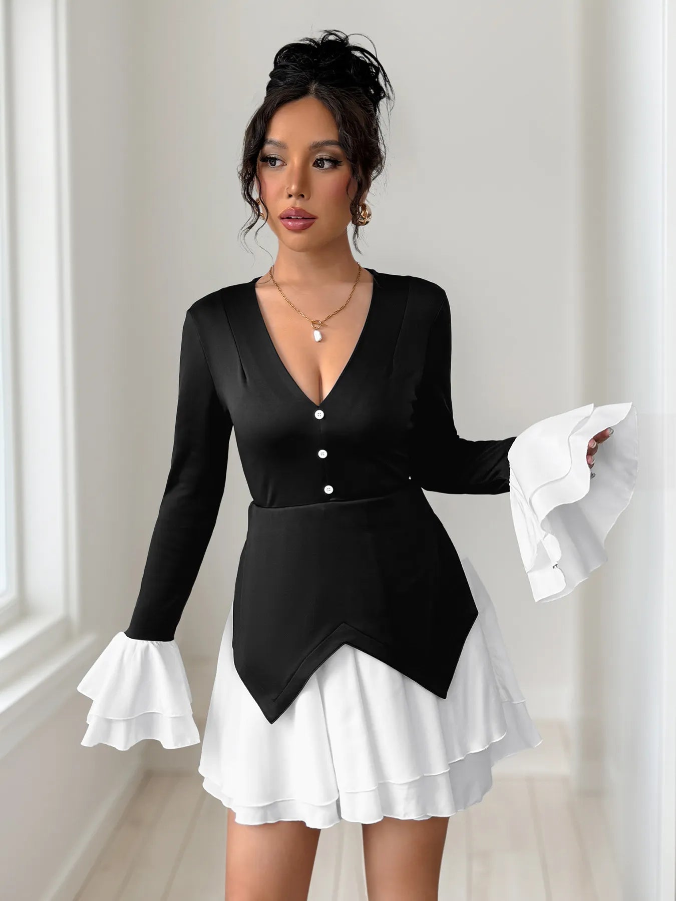 Two Tone V-Neck Long Sleeve Mini Dress.