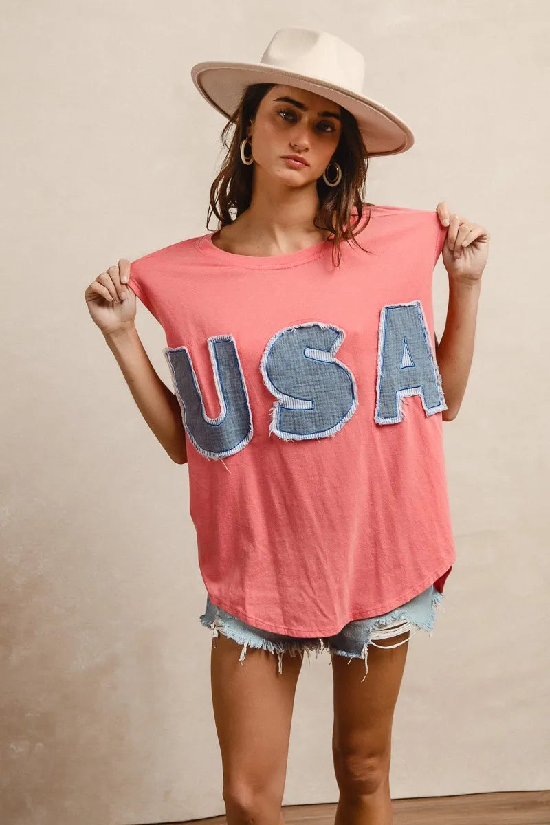 BiBi Washed Jersey With Usa Patched Raw Cut Edge Detail Trendsi
