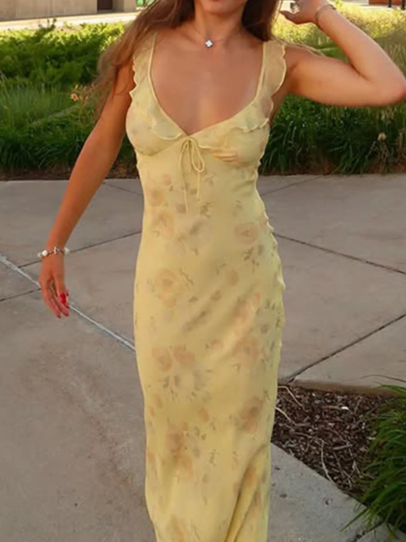 Printed Ruffle Cami Maxi Dress with Tie Front Detail.