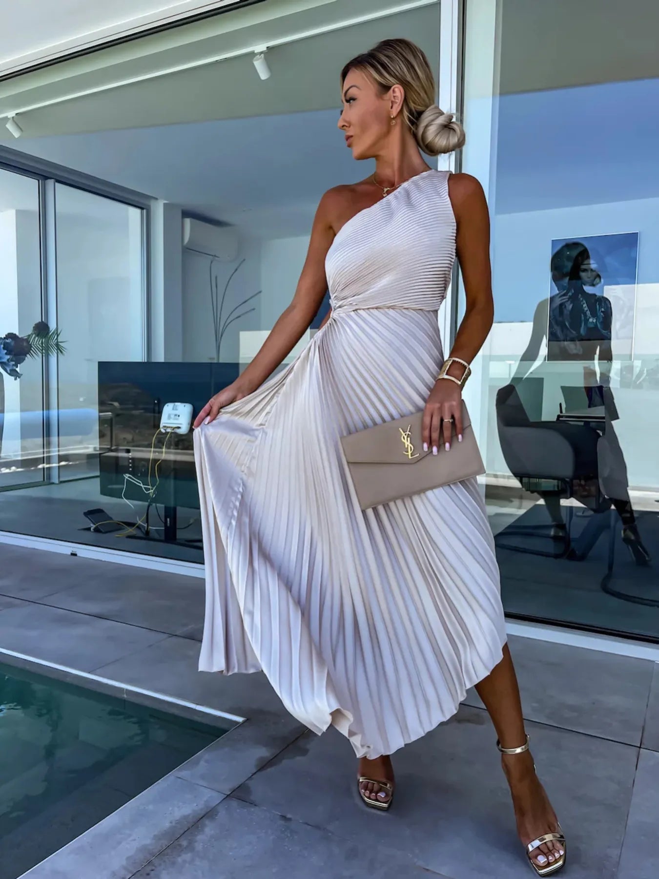 Full Size Single Shoulder Pleated Midi Dress Plus Size.