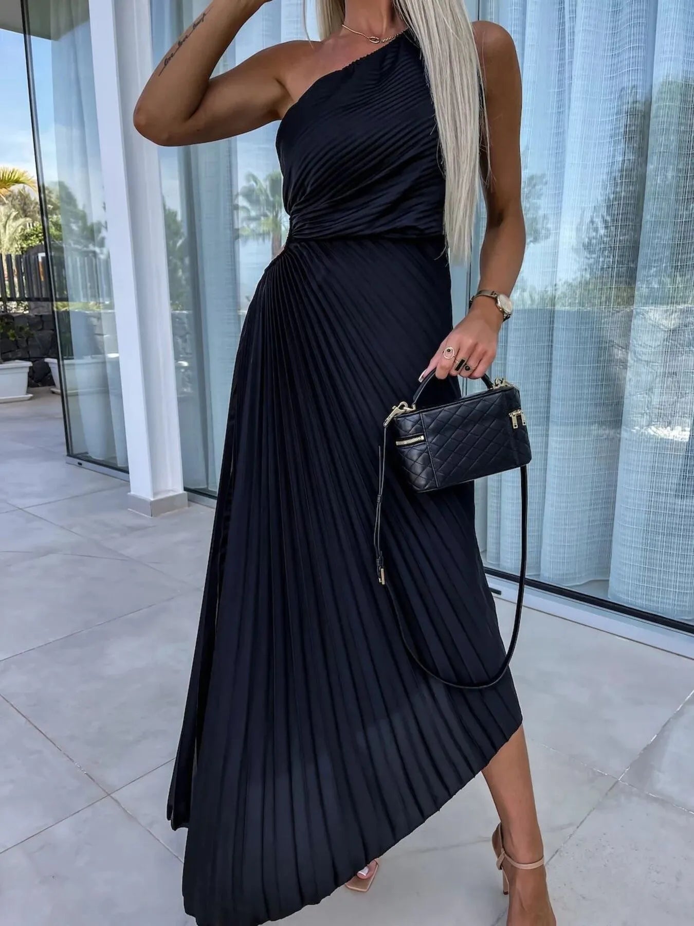 Full Size Single Shoulder Pleated Midi Dress Plus Size.