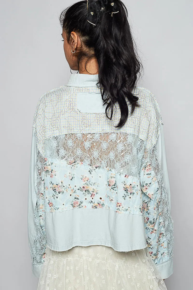 POL Floral Long Sleeve Shirt with Lace Panel Details.