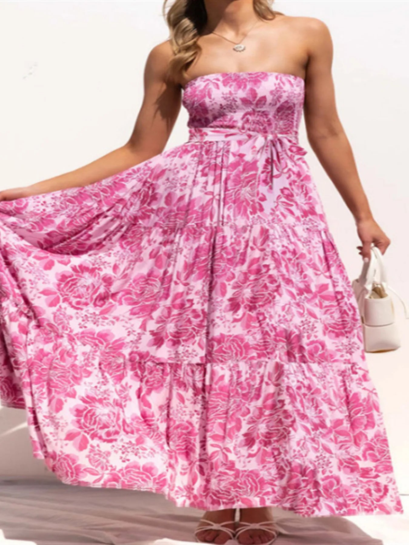 Floral Strapless Tiered Maxi Dress with Tie Belt.