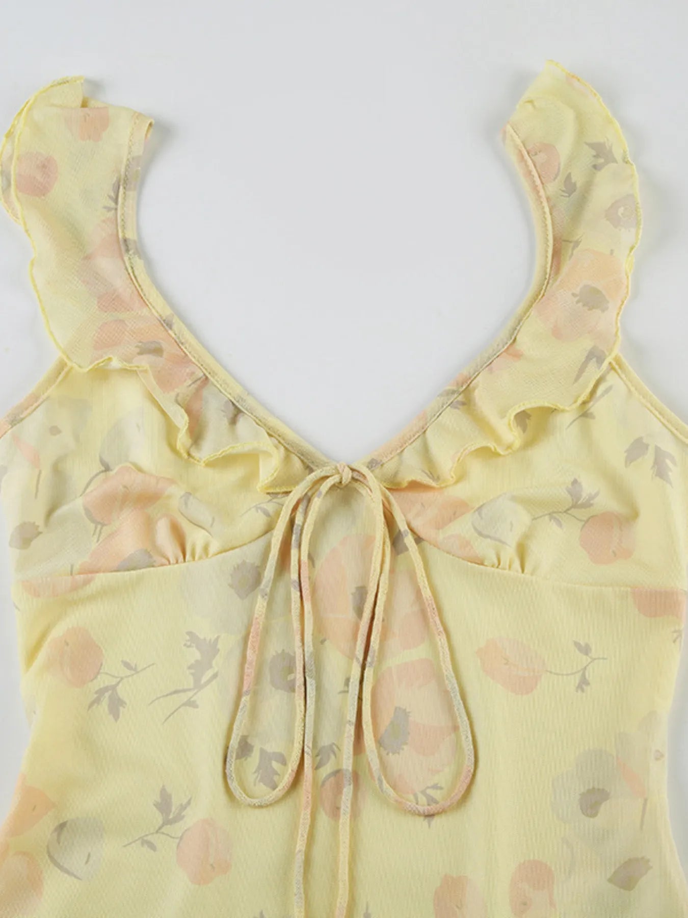 Printed Ruffle Cami Maxi Dress with Tie Front Detail.