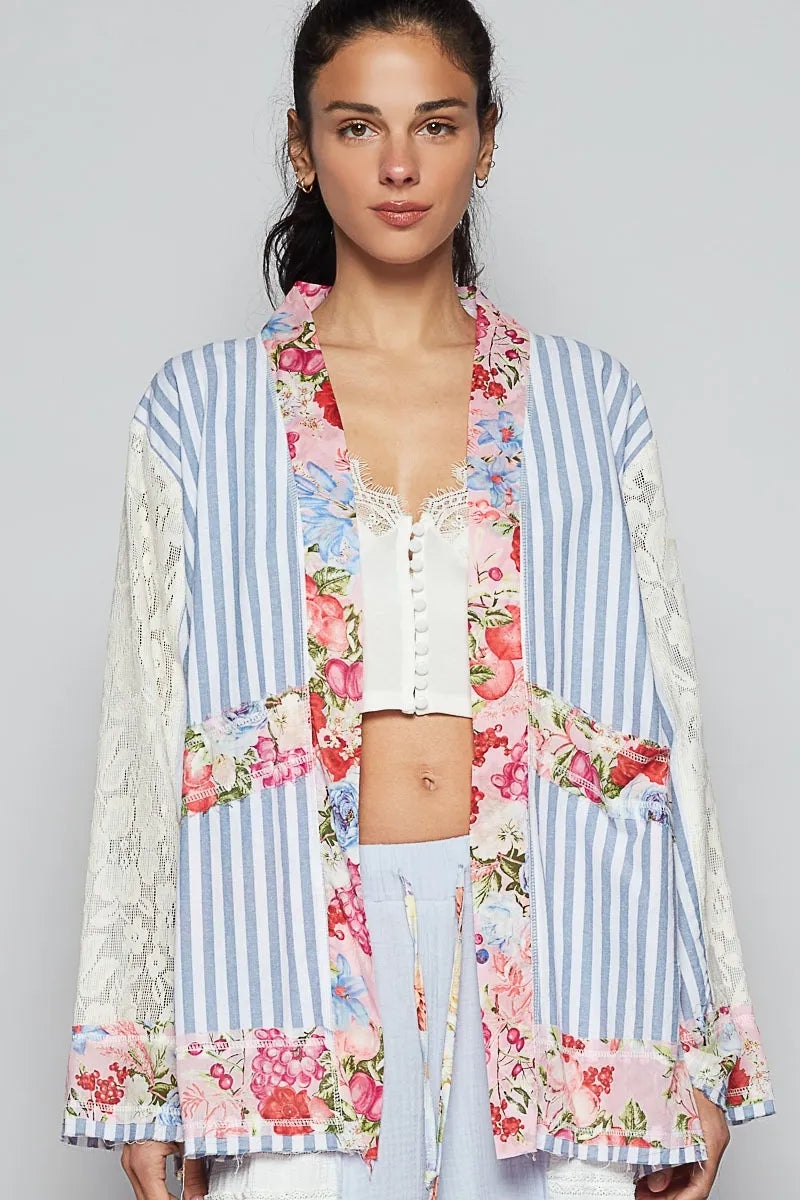 POL Lace Long Sleeve Striped Cardigan with Floral Patchwork Detail.