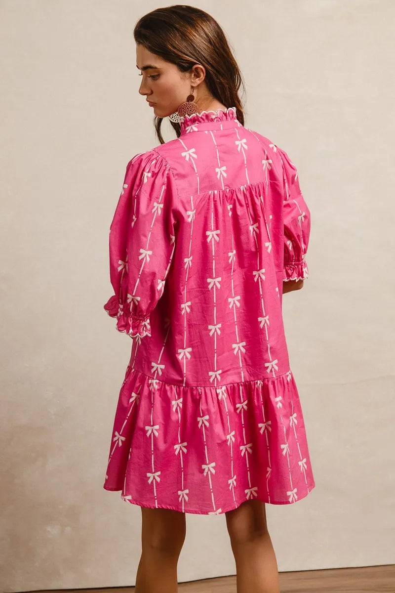 BiBi Ribbon Patterns With Scallops Edge Details Short Sleeve Dress Trendsi