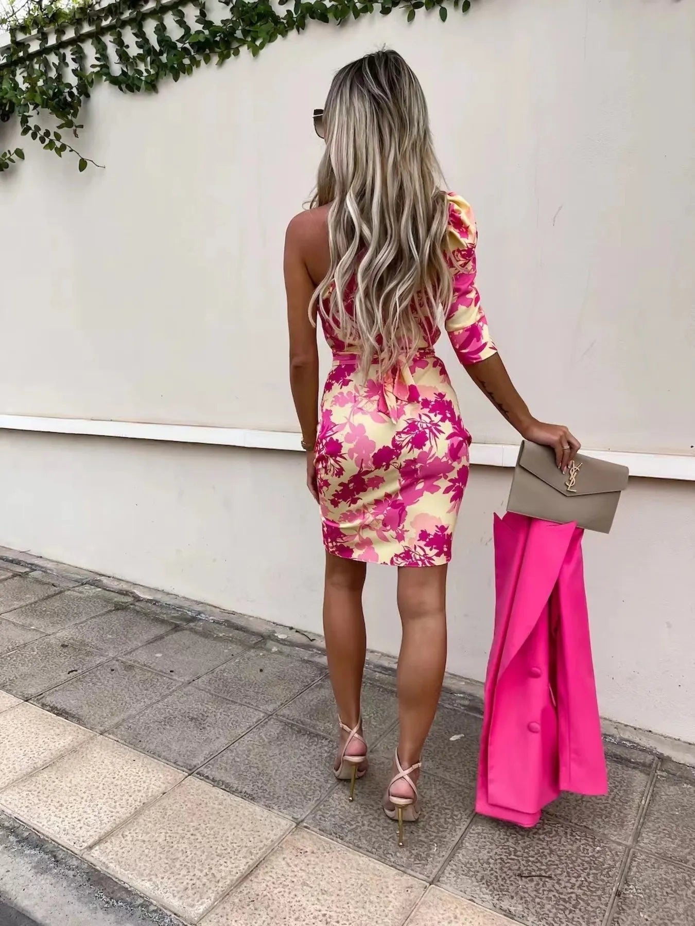 Printed One Shoulder Mini Dress.