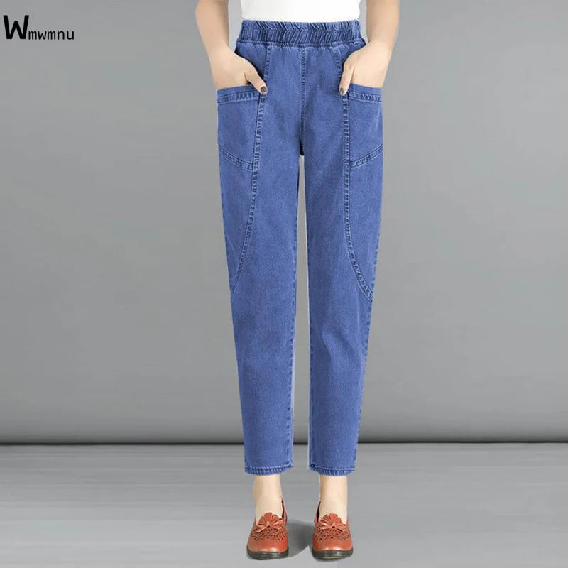 Casual Denim Ankle-length Baggy Pants Vaqueros Elastic High Waist