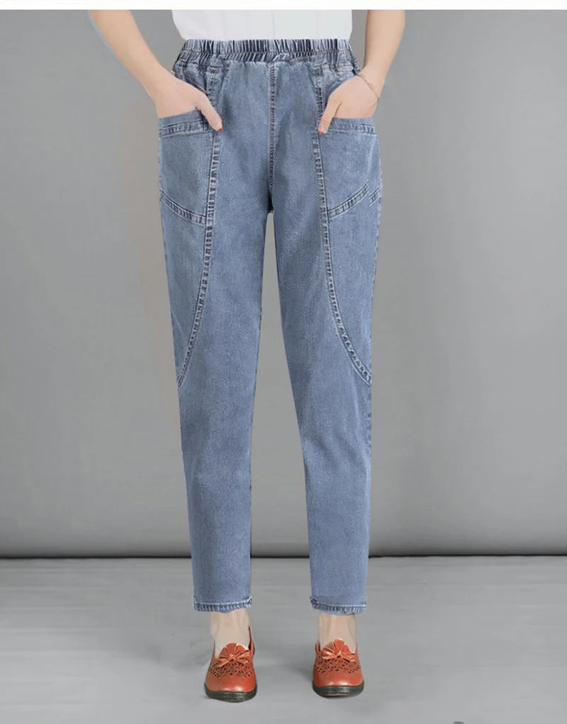 Casual Denim Ankle-length Baggy Pants Vaqueros Elastic High Waist