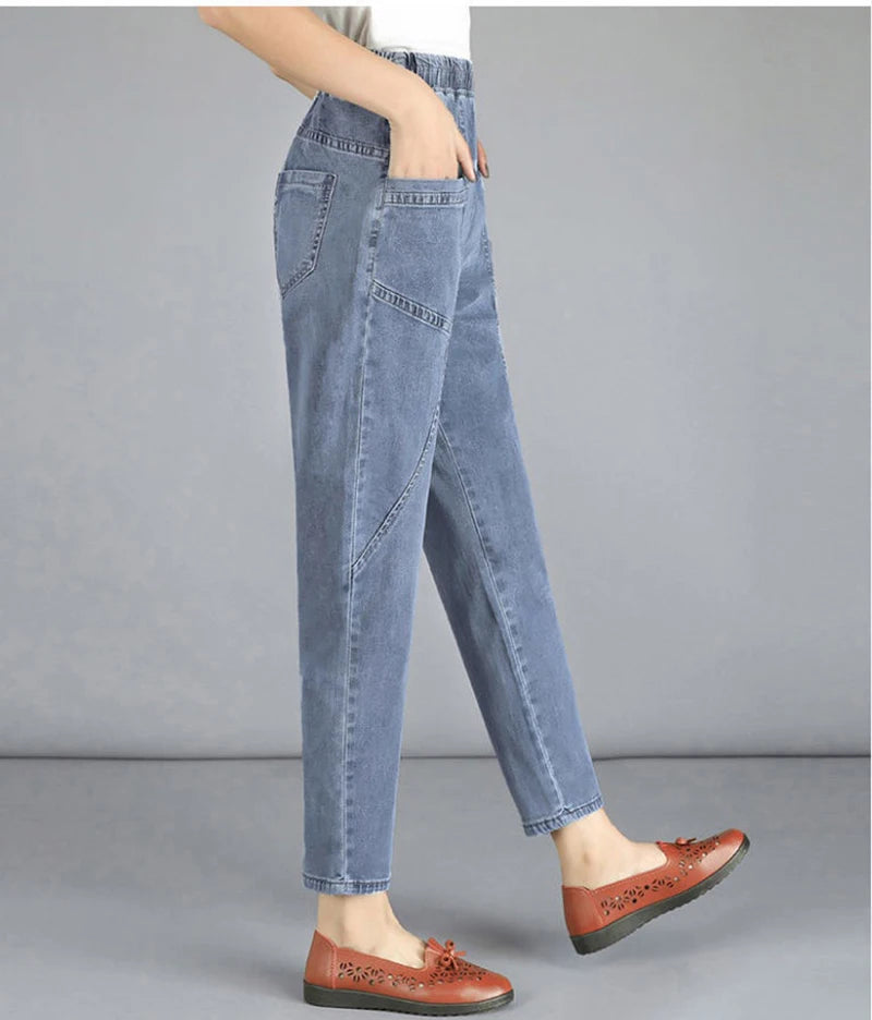 Casual Denim Ankle-length Baggy Pants Vaqueros Elastic High Waist