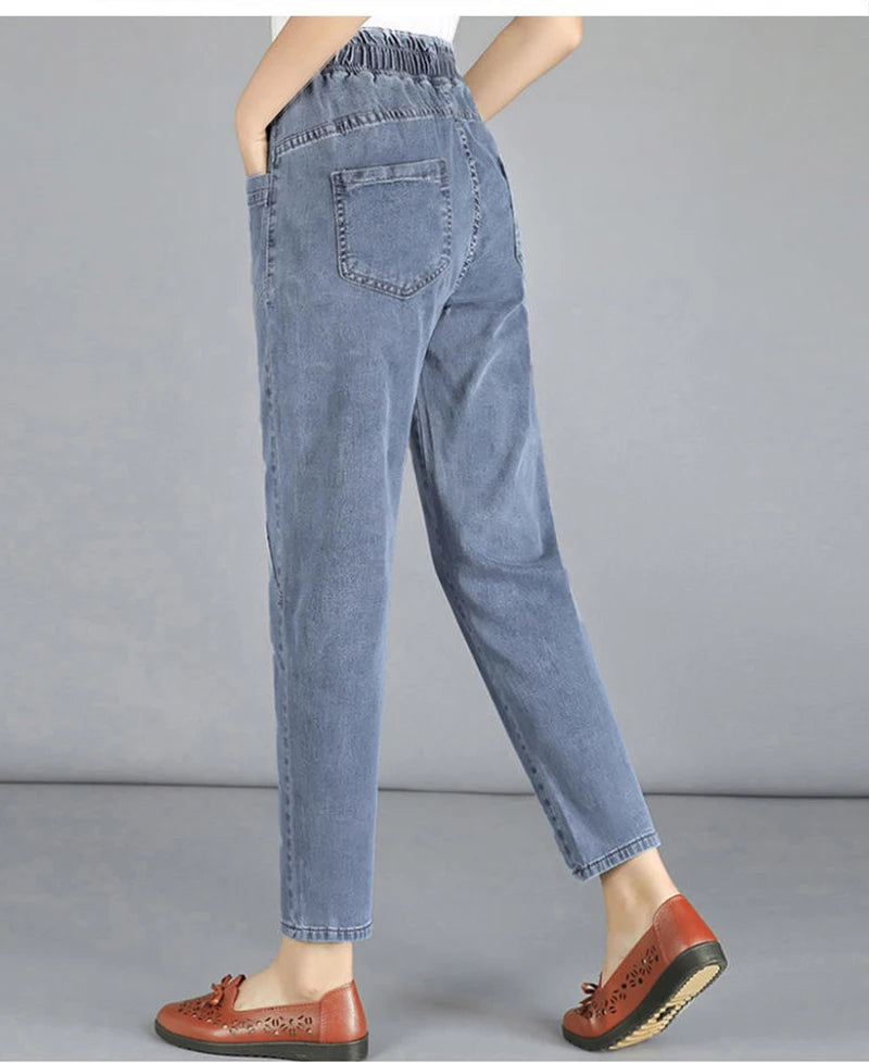 Casual Denim Ankle-length Baggy Pants Vaqueros Elastic High Waist