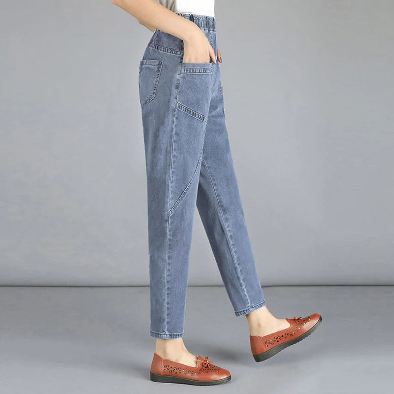 Casual Denim Ankle-length Baggy Pants Vaqueros Elastic High Waist