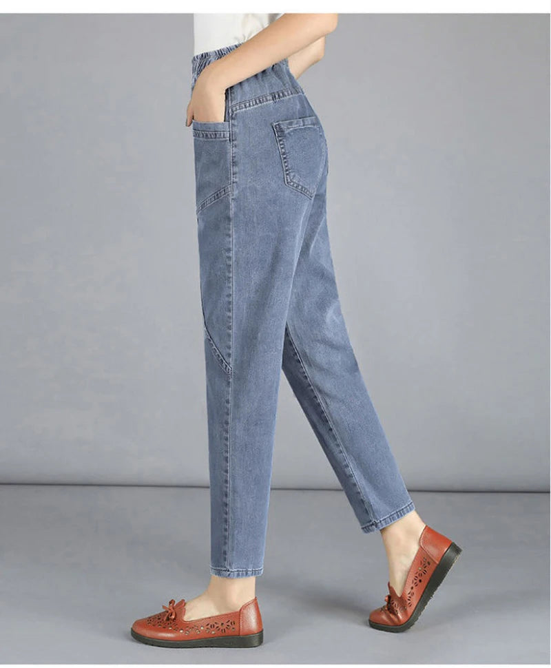 Casual Denim Ankle-length Baggy Pants Vaqueros Elastic High Waist