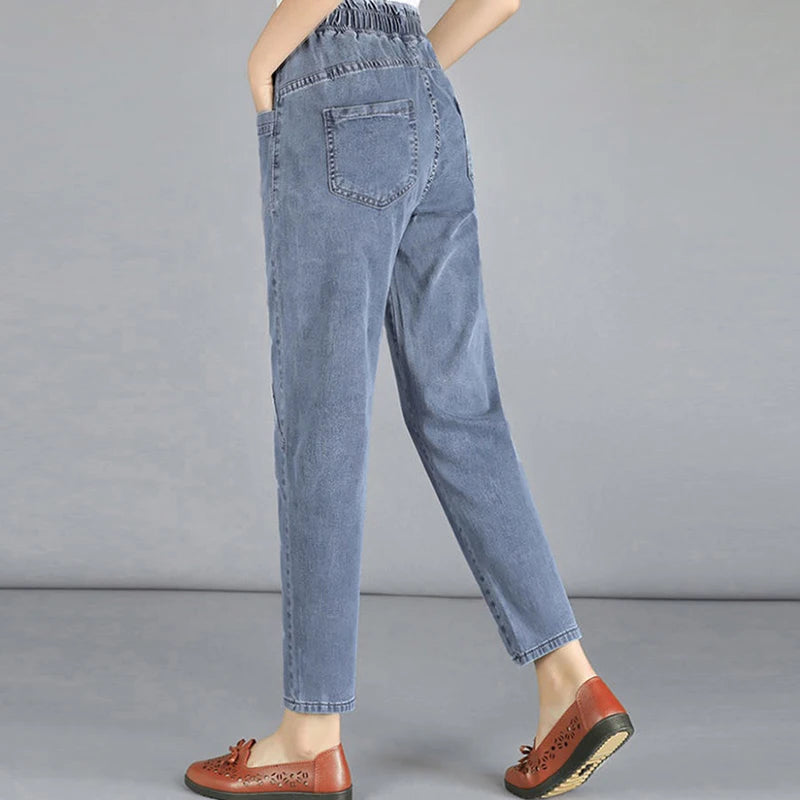 Casual Denim Ankle-length Baggy Pants Vaqueros Elastic High Waist