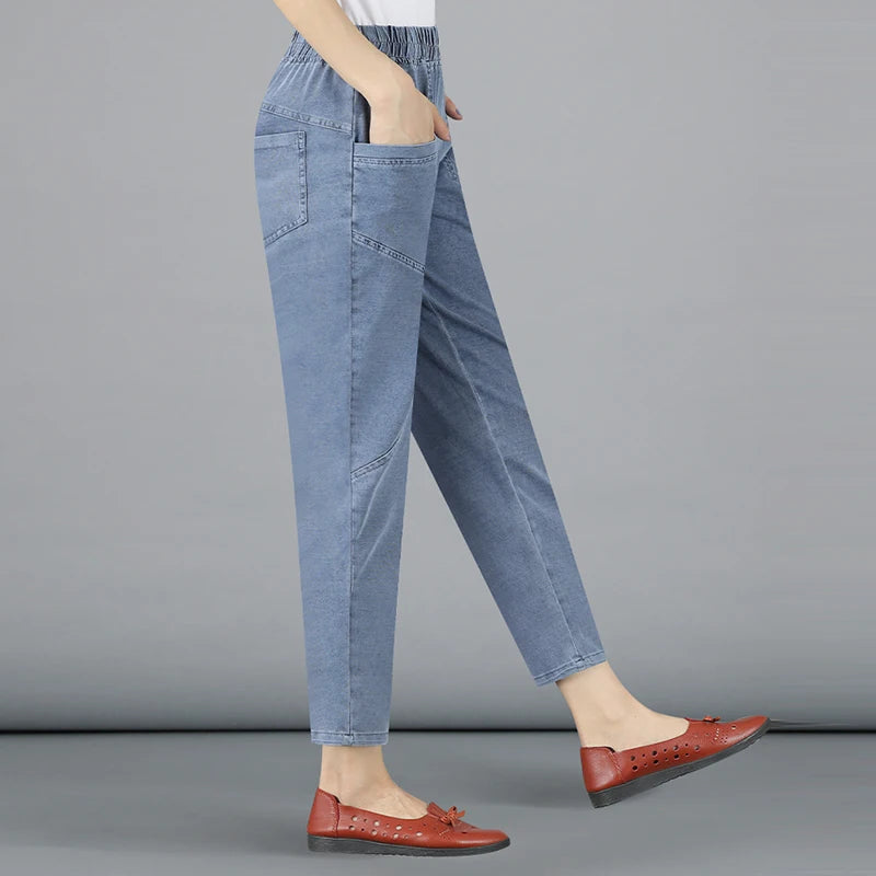 Casual Denim Ankle-length Baggy Pants Vaqueros Elastic High Waist