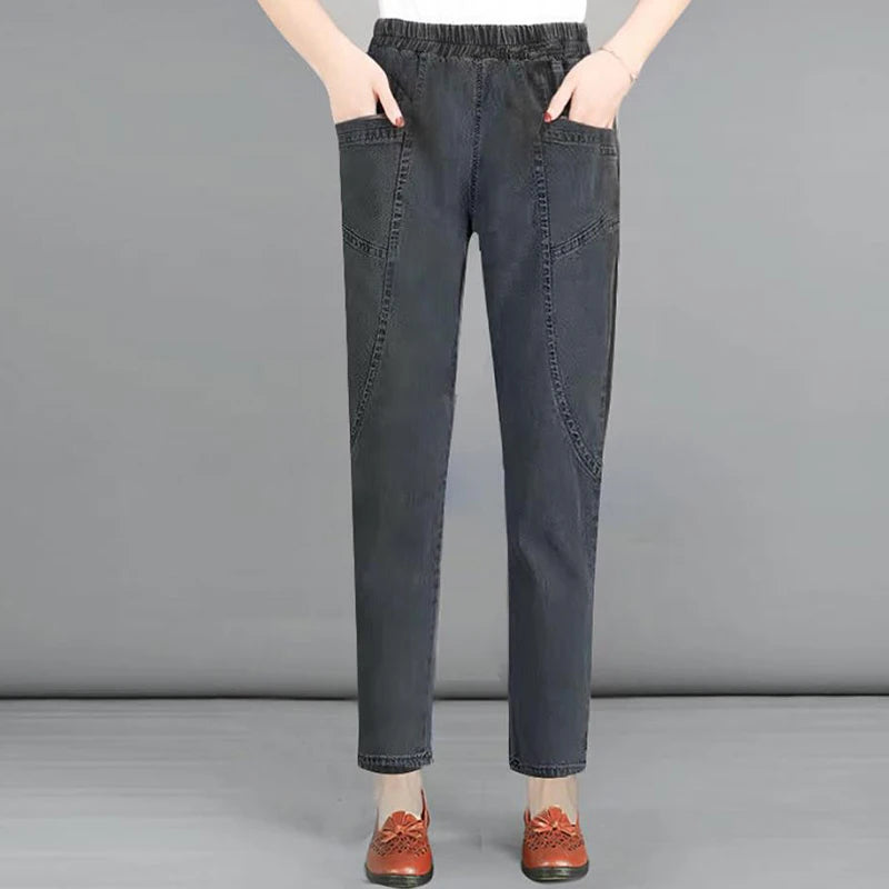 Casual Denim Ankle-length Baggy Pants Vaqueros Elastic High Waist