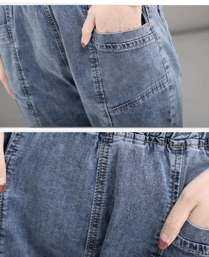 Casual Denim Ankle-length Baggy Pants Vaqueros Elastic High Waist