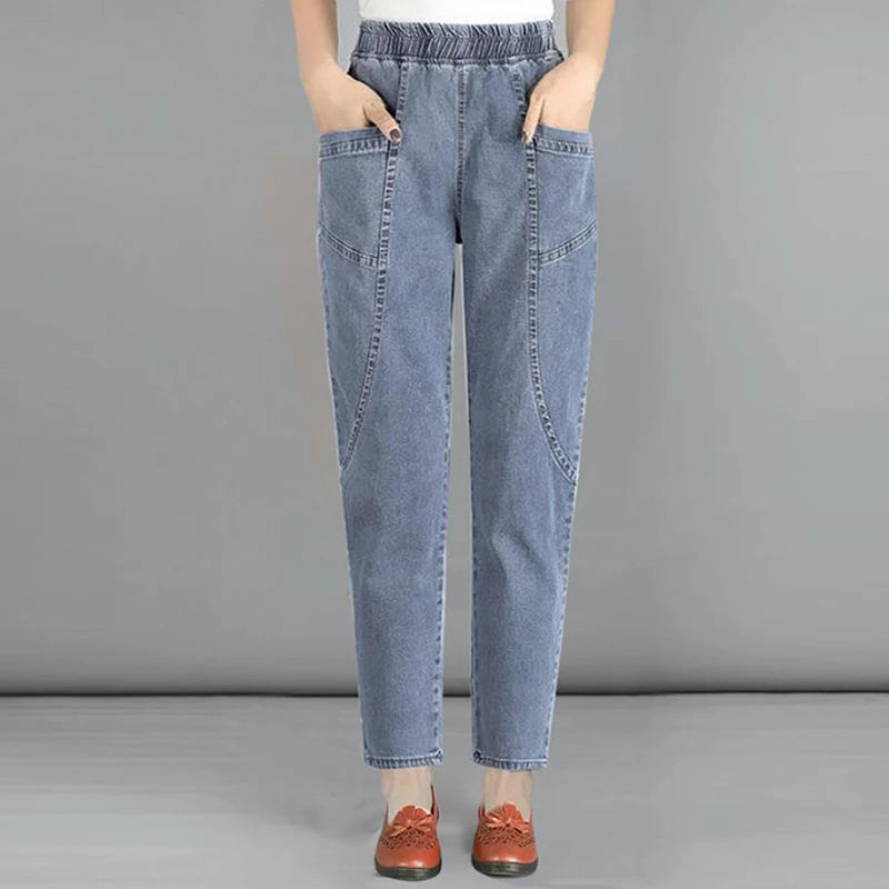 Casual Denim Ankle-length Baggy Pants Vaqueros Elastic High Waist