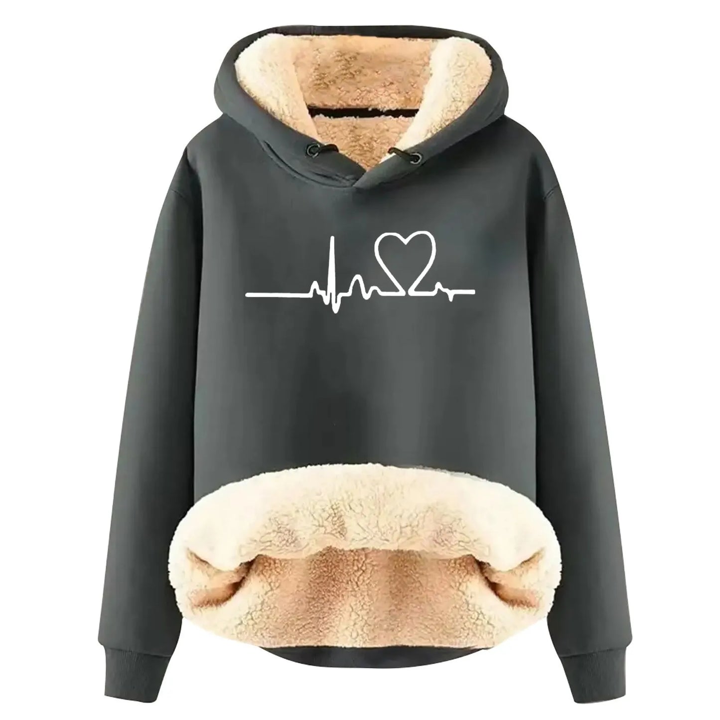 Padded Women's Plush | Love Heart Print Velvet Warm Hoody Sweatshirts