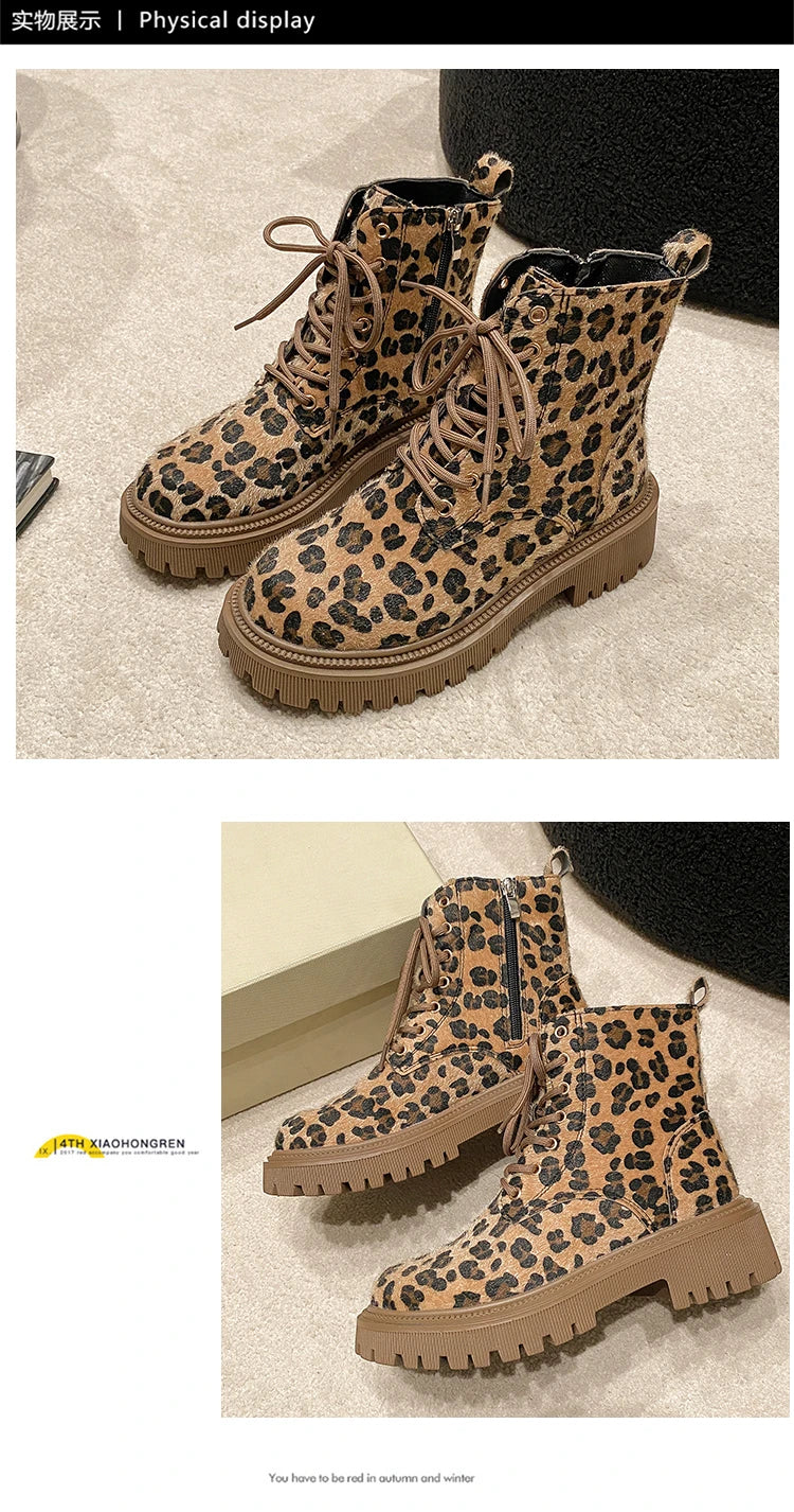 Leopard Print Fashion Lace Up Round Toe Short Barrel Chunky Heels Zipper Plus Size Boots