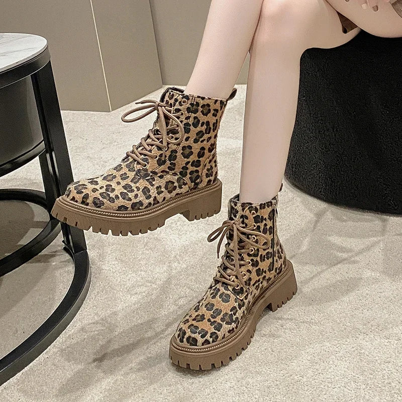 Leopard Print Fashion Lace Up Round Toe Short Barrel Chunky Heels Zipper Plus Size Boots