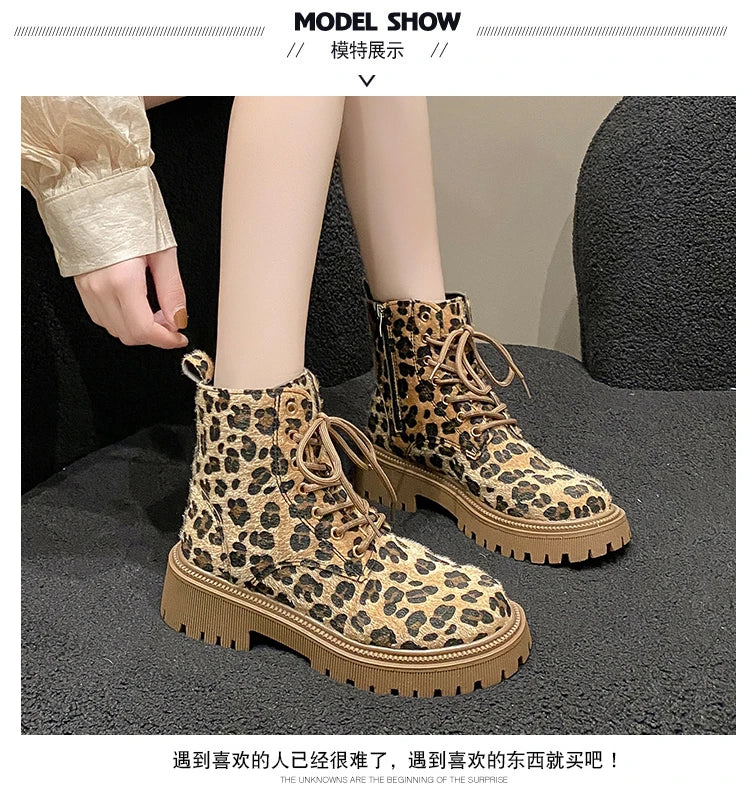 Leopard Print Fashion Lace Up Round Toe Short Barrel Chunky Heels Zipper Plus Size Boots