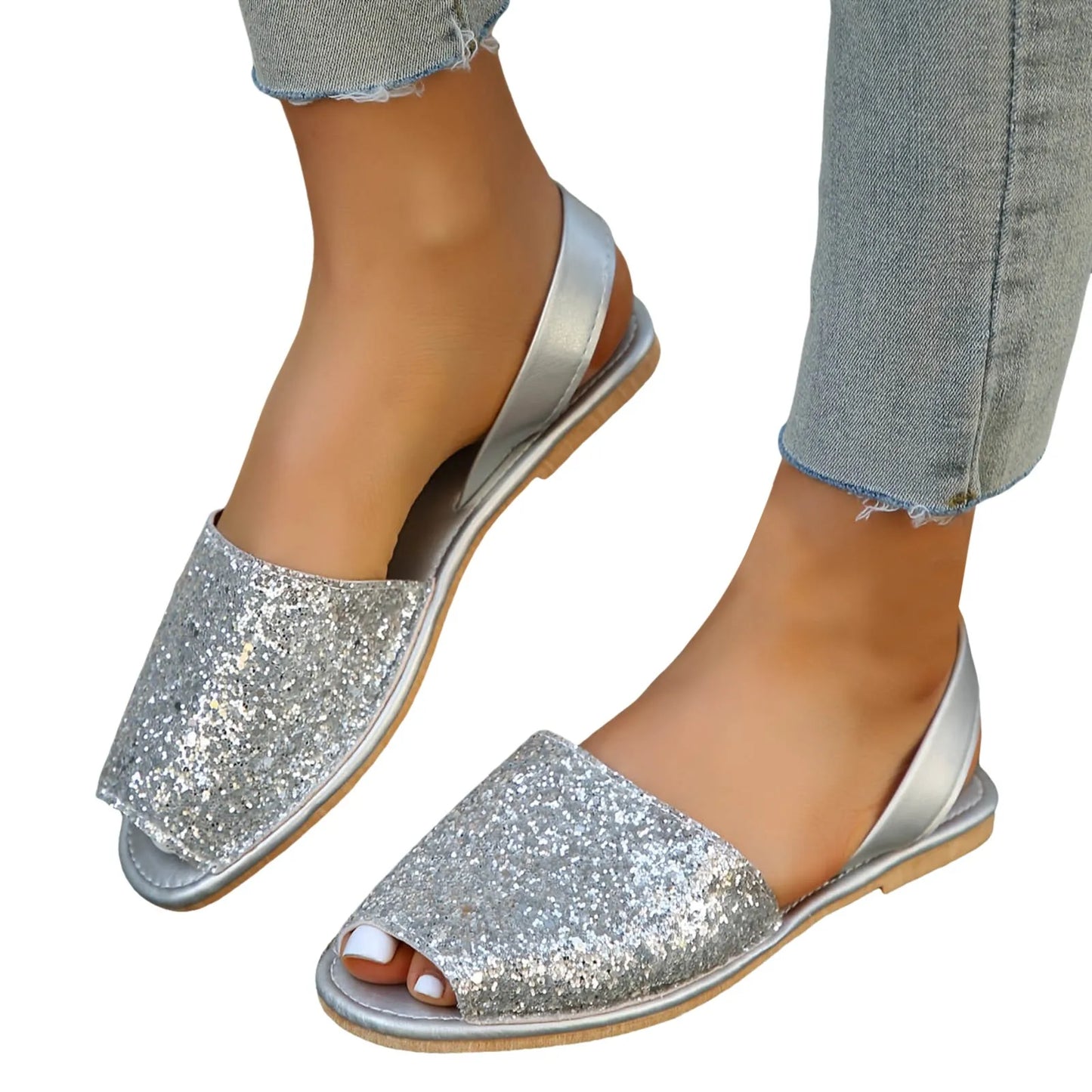 Sequined Flat Fish Mouth Sandals Women